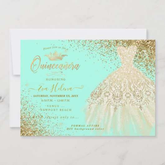 Quinceañera, Glitters Gown, Faux Gold+Mint Kaart (Voorkant)