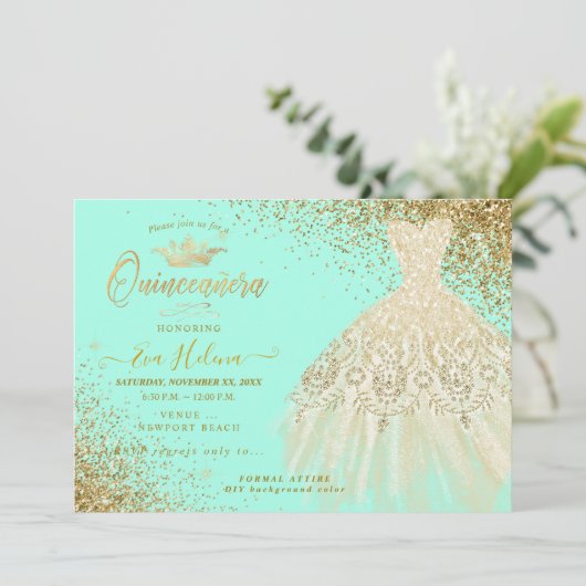 Quinceañera, Glitters Gown, Faux Gold+Mint Kaart (Staand voorkant)