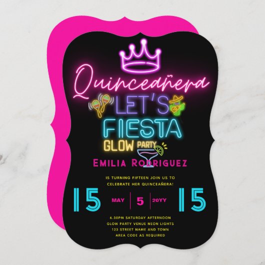 QUINCEAÑERA Glow-feest Neon feest uitnodiging (Voorkant / Achterkant)