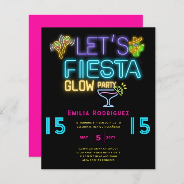 QUINCEAÑERA Glow-feest Neon feest uitnodiging (Voorkant / Achterkant)