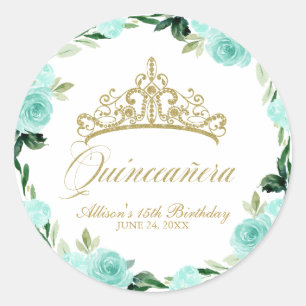 Quinceanera God Glitter Tiara Blauwgroen Bloemen Ronde Sticker