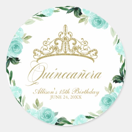 Quinceanera God Glitter Tiara Blauwgroen Bloemen Ronde Sticker (Voorkant)