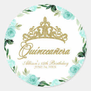 Quinceanera God Glitter Tiara Turquoise Bloem Ronde Sticker
