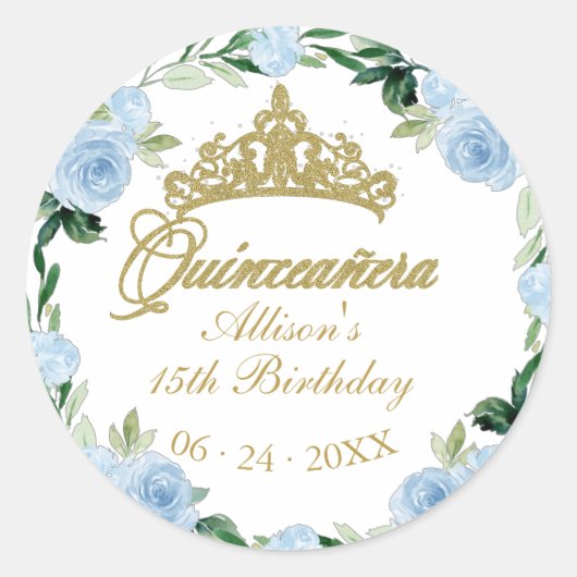 Quinceanera God Tiara Baby Blue Floral Ronde Sticker (Voorkant)