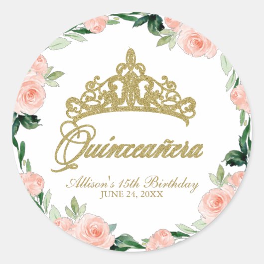 Quinceanera God Tiara Blush Roze Bloemen Ronde Sticker (Voorkant)