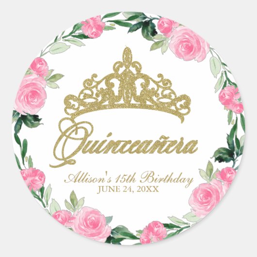 Quinceanera God Tiara Hot Pink Floral Ronde Sticker (Voorkant)