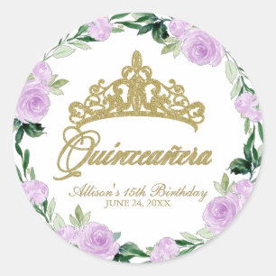 Quinceanera God Tiara Paars Lila Bloem Ronde Sticker