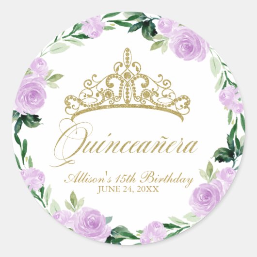 Quinceanera God Tiara Paarse Lila Bloemen Ronde Sticker (Voorkant)