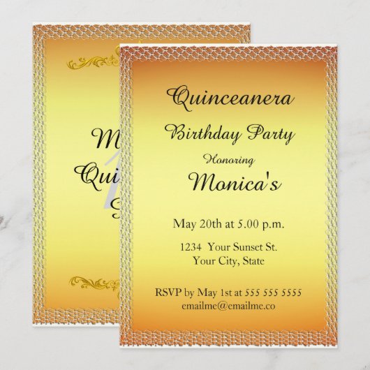 Quinceanera Gold Birthday Party 2 Uitnodiging (Voorkant / Achterkant)