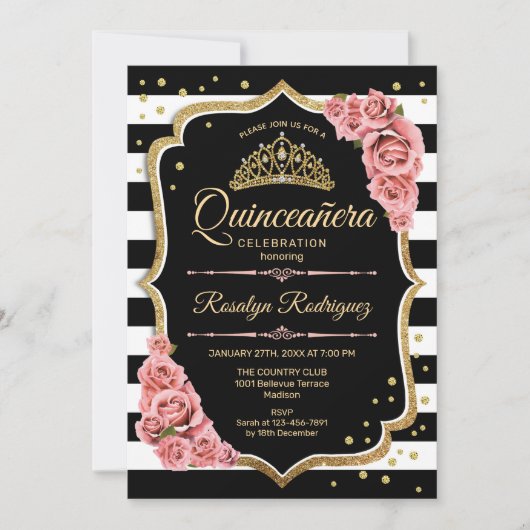 Quinceanera - Gold Black Blush Pink Kaart (Voorkant)
