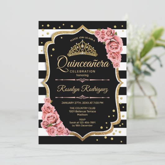 Quinceanera - Gold Black Blush Pink Kaart (Staand voorkant)