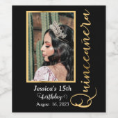 Quinceanera Gold Black Foto Elegant Wine Label Wijn Etiket (Enkel label)