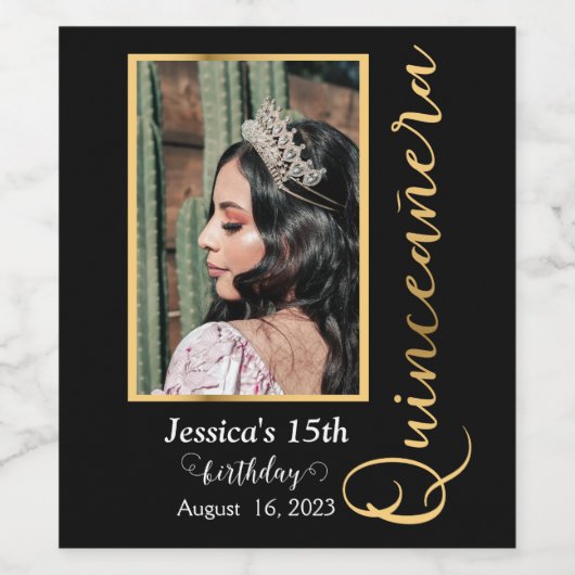 Quinceanera Gold Black Foto Elegant Wine Label Wijn Etiket (Enkel label)