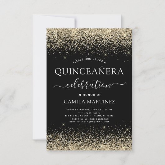 Quinceanera Gold Black Modern Glitter Sparkle Kaart (Voorkant)