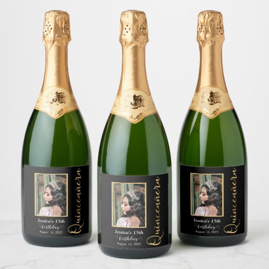 Quinceanera Gold Black Photo Sparkling Wine Label Sparkling Wijnetiket (Flessen)