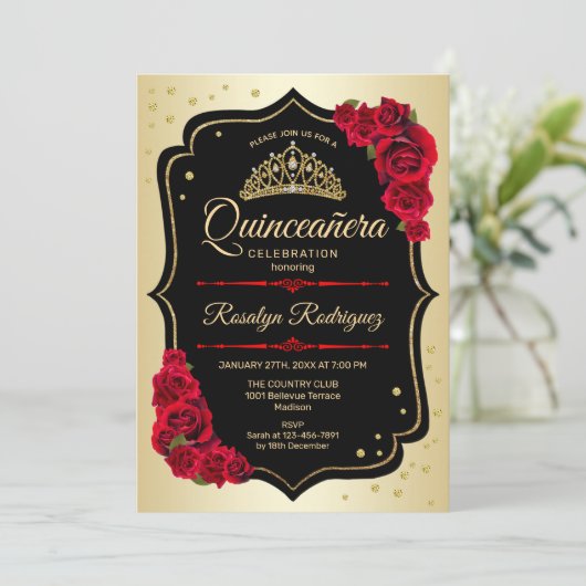 Quinceanera - Gold Black Red Kaart (Staand voorkant)