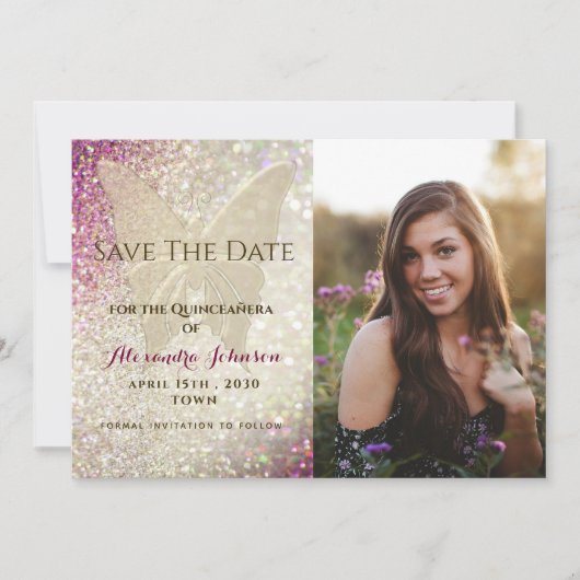 Quinceañera Gold Butterfly Save The Date (Voorkant)
