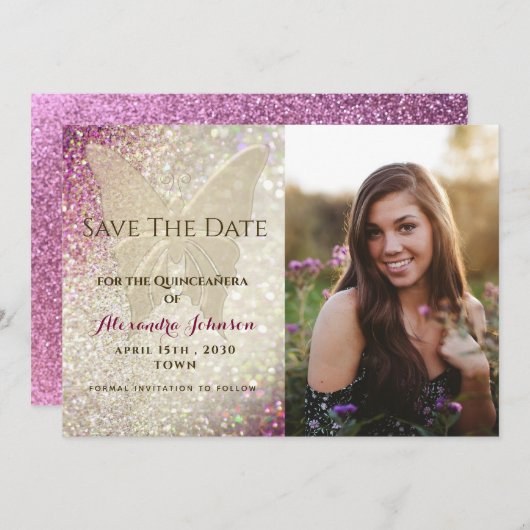 Quinceañera Gold Butterfly Save The Date (Voorkant / Achterkant)