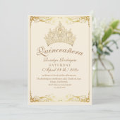 Quinceañera Gold Crown Beige uitnodiging (Staand voorkant)