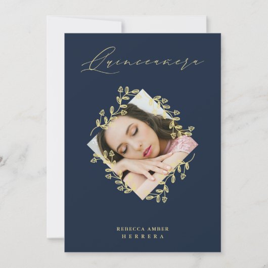 Quinceañera Gold Diamond Wildflower Navy Photo Kaart (Voorkant)
