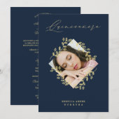 Quinceañera Gold Diamond Wildflower Navy Photo Kaart (Voorkant / Achterkant)