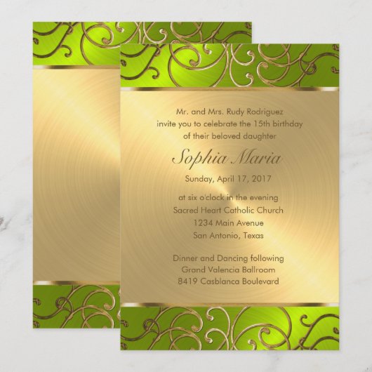 Quinceanera Gold en Limoen Filigree Swirl Border Kaart (Voorkant / Achterkant)