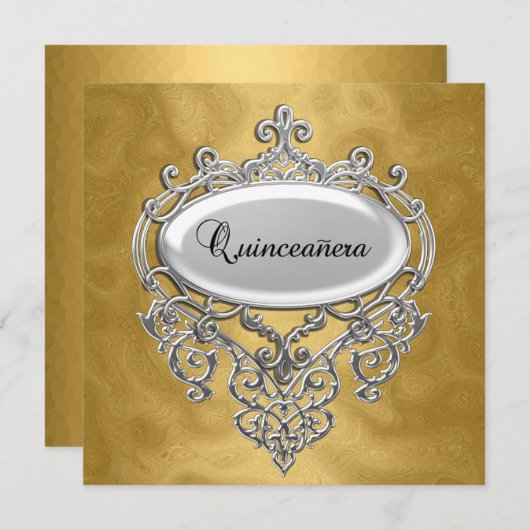 Quinceañera Gold en Silver Invitation Quinceañera Kaart (Voorkant / Achterkant)