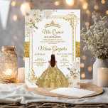 Quinceanera Gold en White Floral Birthday Crown Kaart<br><div class="desc">Quinceanera Gold & White Floral Birthday Crown Invitation Mis Quince Anos,  15e verjaardag</div>