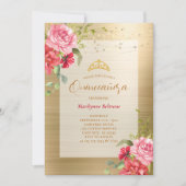 Quinceañera Gold Floral Crown Invitation Kaart (Voorkant)