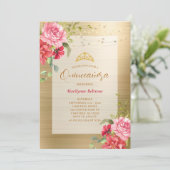 Quinceañera Gold Floral Crown Invitation Kaart (Staand voorkant)