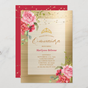 Quinceañera Gold Floral Crown Invitation Kaart