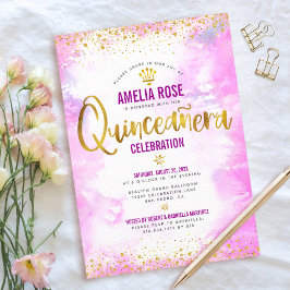 Quinceañera Gold Foil Pink Waterverf Elegant Chic Kaart