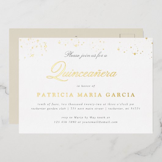 Quinceanera Gold folie briefkaart uitnodiging (Voorkant / Achterkant)