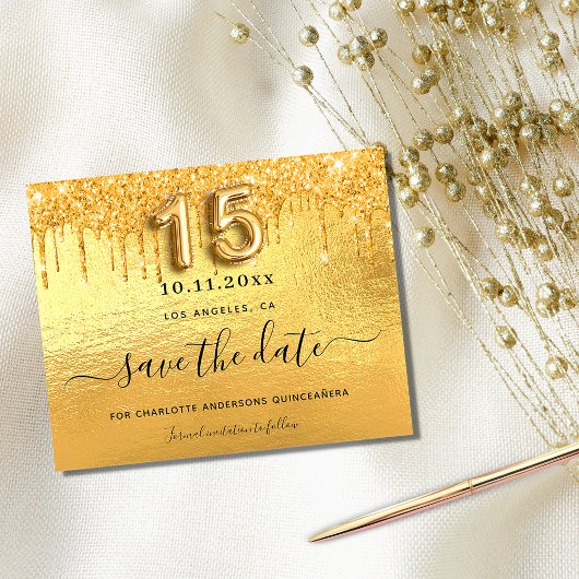 Quinceanera gold glitter drip budget save the date flyer