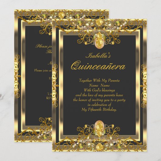 Quinceanera Gold Pareltjes Black 15e verjaardag Kaart (Voorkant / Achterkant)