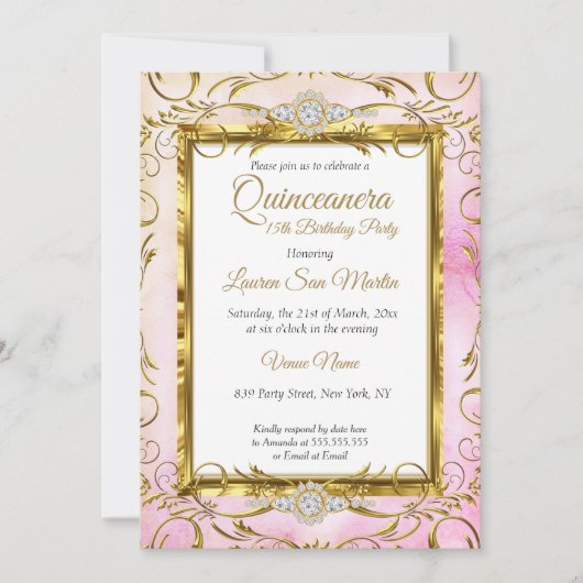 Quinceanera Gold Pink Diamond Kaart (Voorkant)