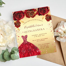 Quinceanera gold red glitter jurk floral