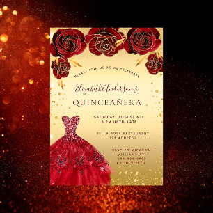 Quinceanera Gold rode glitter jurk florale luxe Kaart