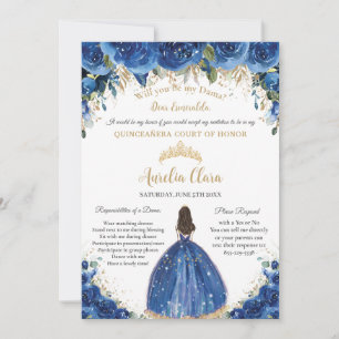 Quinceañera Gold Royal Blue Floral Dama Verzoek Kaart