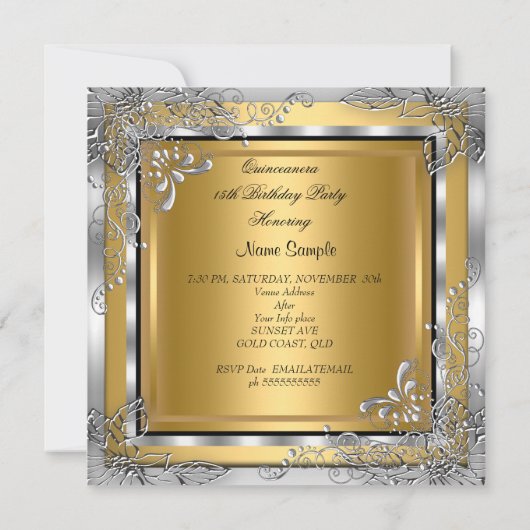 Quinceanera Gold Silver Diamond Tiara 15e partij Kaart (Achterkant)