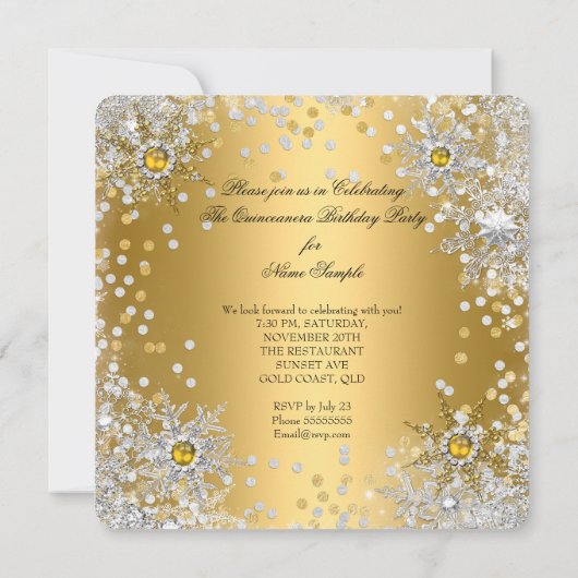 Quinceanera Gold Silver Winter Wonderland Kaart (Achterkant)