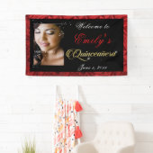 Quinceanera Gold Sparkle, Red Satin Custom Foto, Spandoek (Insitu)