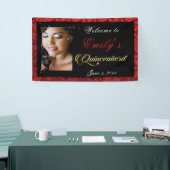 Quinceanera Gold Sparkle, Red Satin Custom Foto, Spandoek (Beurs)