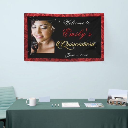 Quinceanera Gold Sparkle, Red Satin Custom Foto, Spandoek (Beurs)