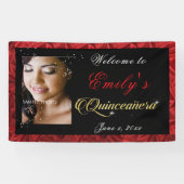 Quinceanera Gold Sparkle, Red Satin Custom Foto, Spandoek (Horizontaal)