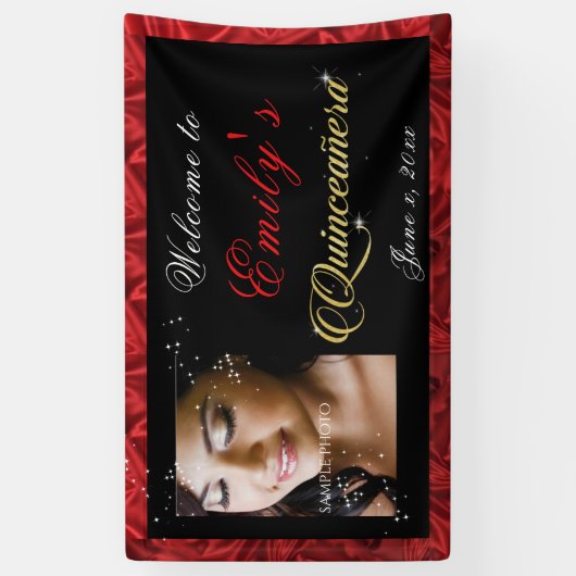 Quinceanera Gold Sparkle, Red Satin Custom Foto, Spandoek (Verticaal)