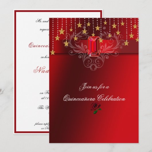 Quinceanera Gold Stars Red Ruby & Red Roses Kaart (Voorkant / Achterkant)