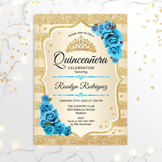 Quinceanera - Gold Stripes Blue Kaart