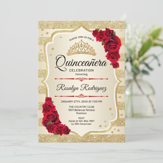 Quinceanera - Gold Stripes Red Kaart (Staand voorkant)