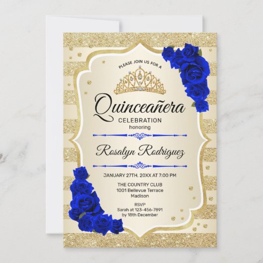 Quinceanera - Gold Stripes Royal Blue Kaart (Voorkant)